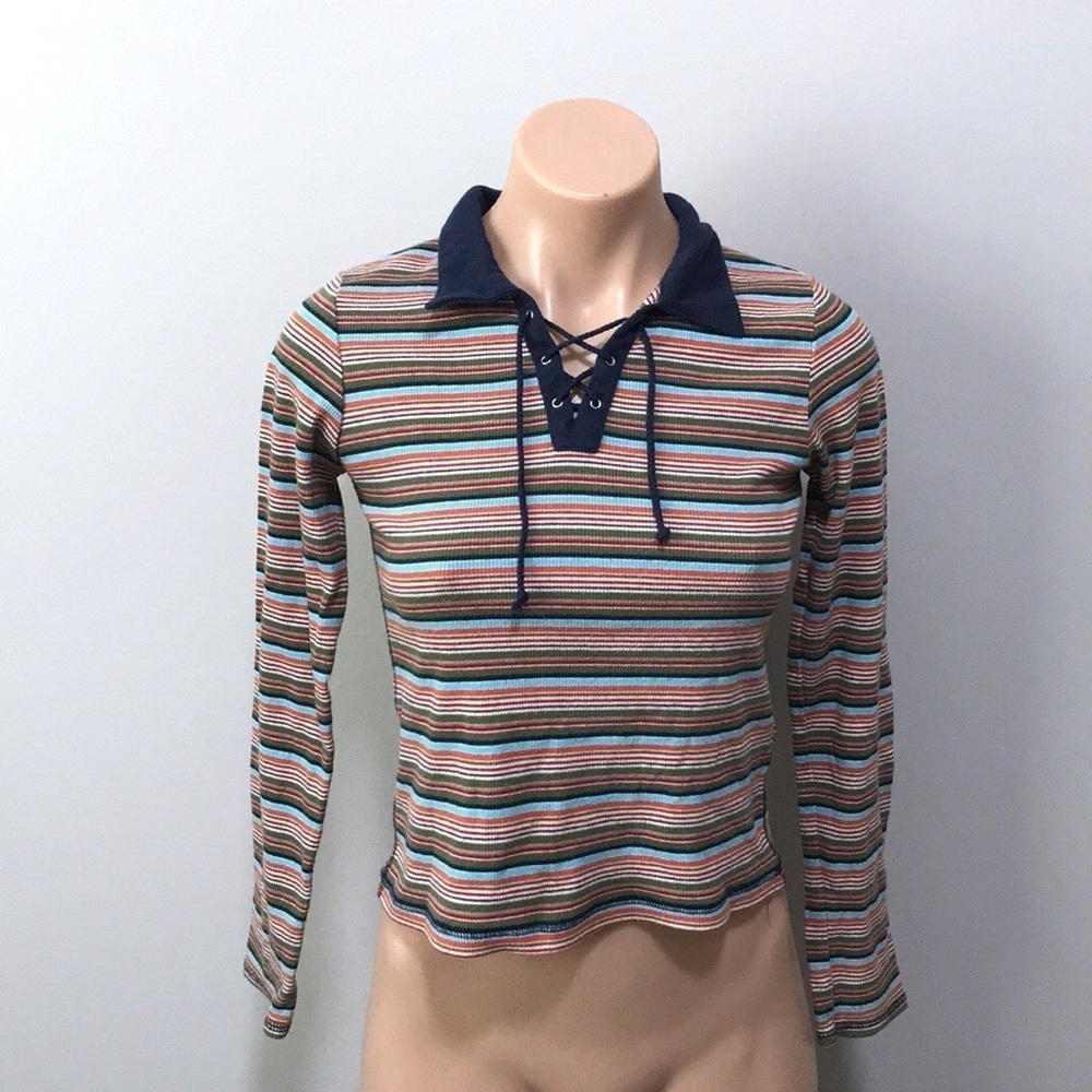 energie Vintage Stripe Ribbed Crop Top Collar L